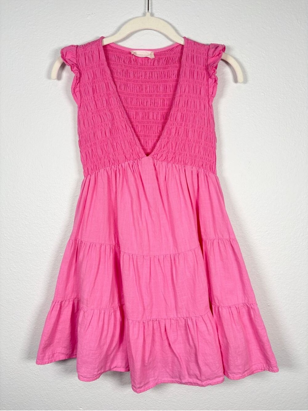 Altar'd State Pink Smocked Deep V Neck Ruffle Sleeve Tiered Hem Mini Dress